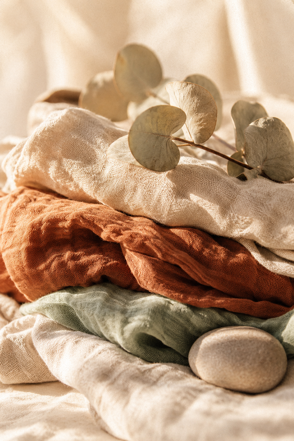 Tissus en lin doux aux tons beige et terracotta, lumière naturelle