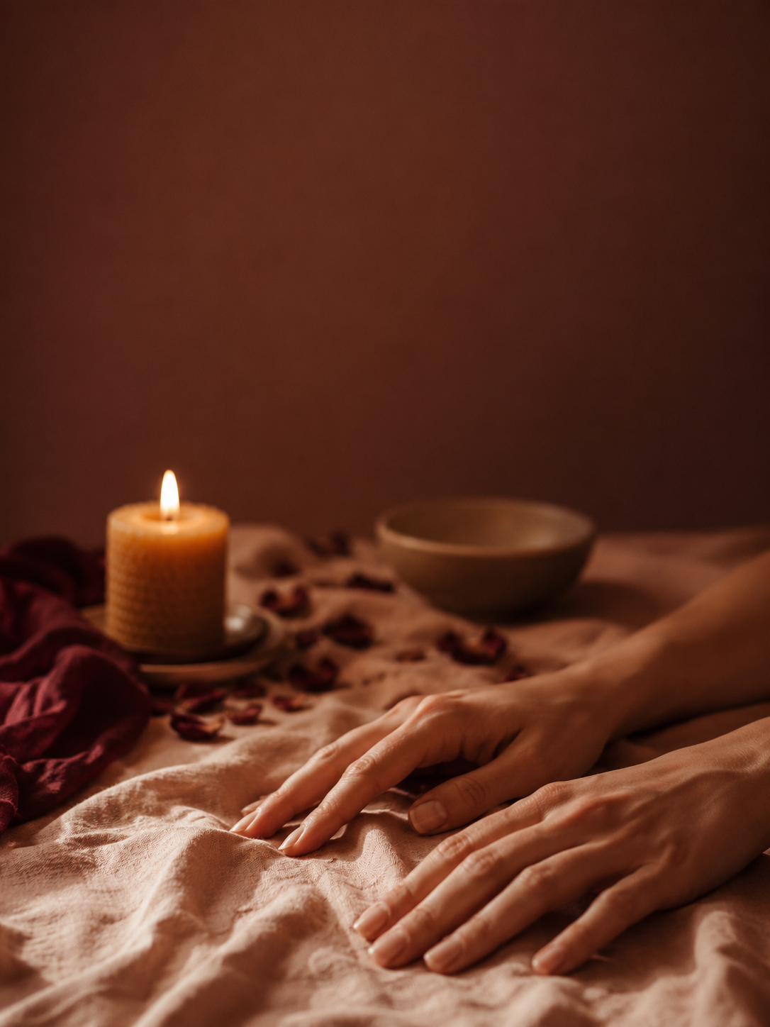 Mains posées avec douceur sur un tissu de lin, bougie et pétales — atmosphère tantrique consciente